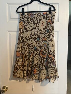 Anne Klein Brown and Cream Floral A-Line Skirt with Blue and Orange Accents